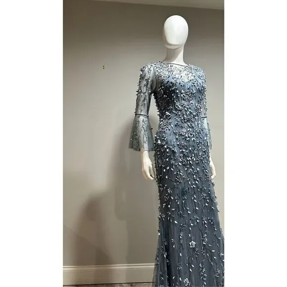 Theia Flounce Sleeve 3-D Embroidered and Beaded  Dusty Blue Gown Size 2 - Picture 6 of 14